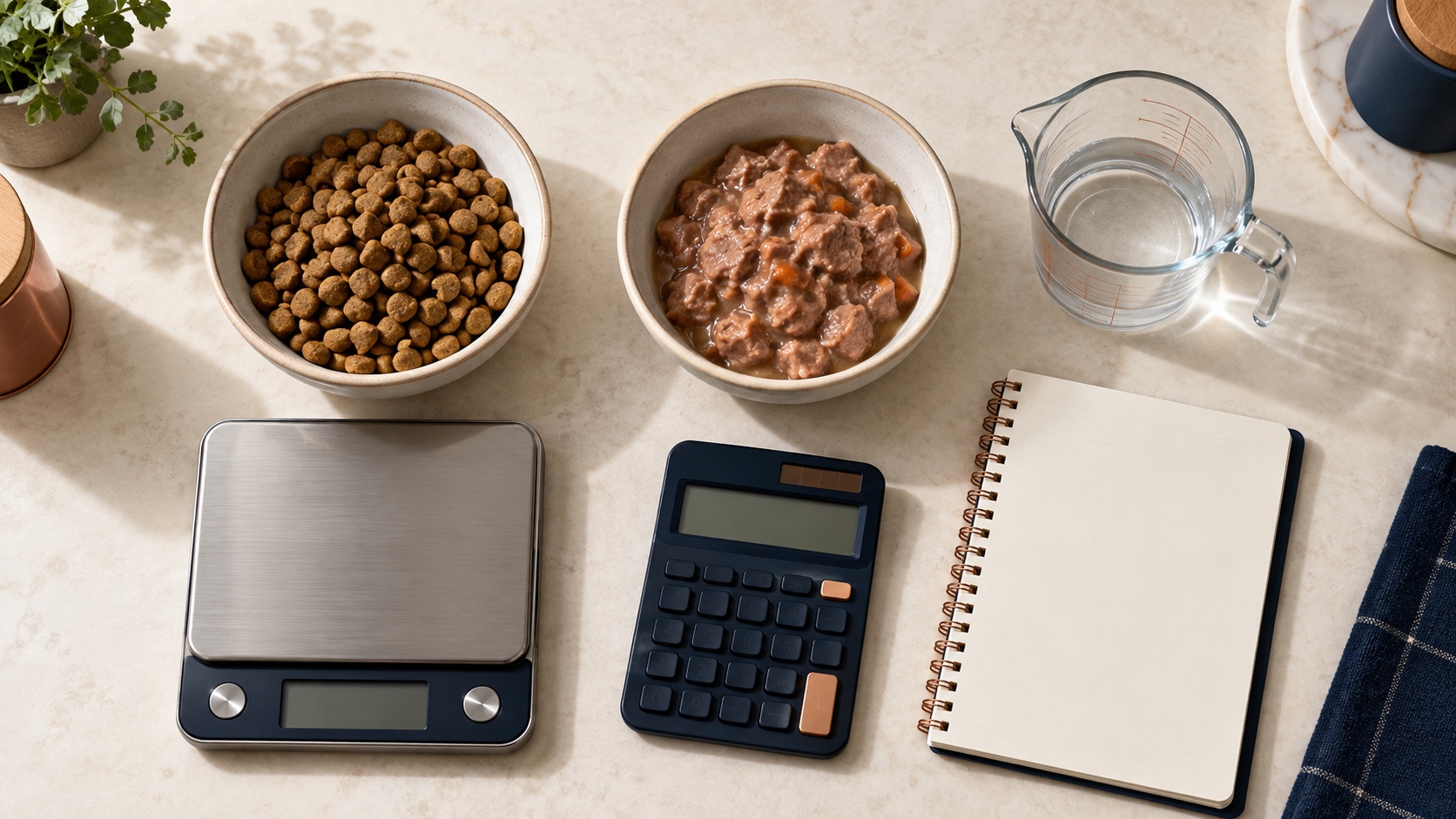 Measured servings of wet and dry dog food arranged for a neutral nutrition comparison